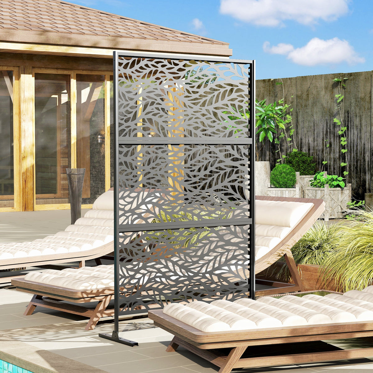 78" x 48" Metal Outdoor Privacy Screen, Willow Branch Design, Black — product view 4