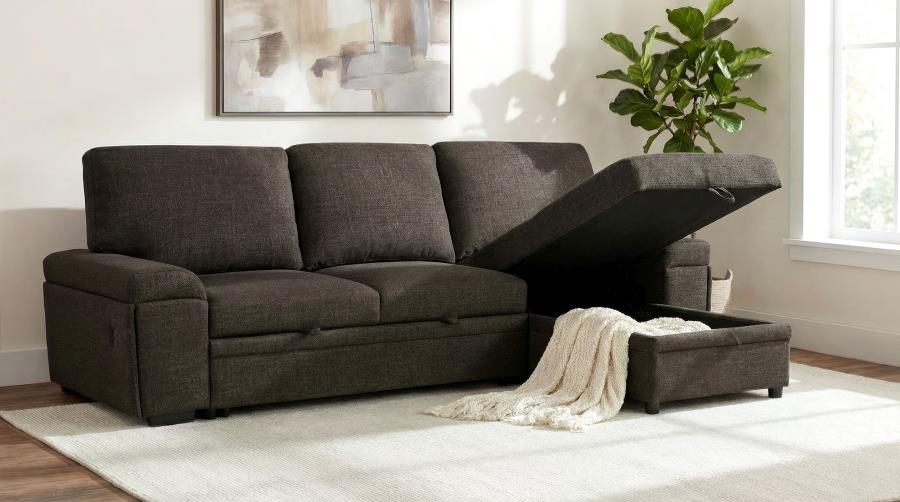 Demko Brown Linen-Like Fabric Sleeper Sectional Sofa with Storage Chaise, Bluetooth & USB Charging – 500356 — product view 3