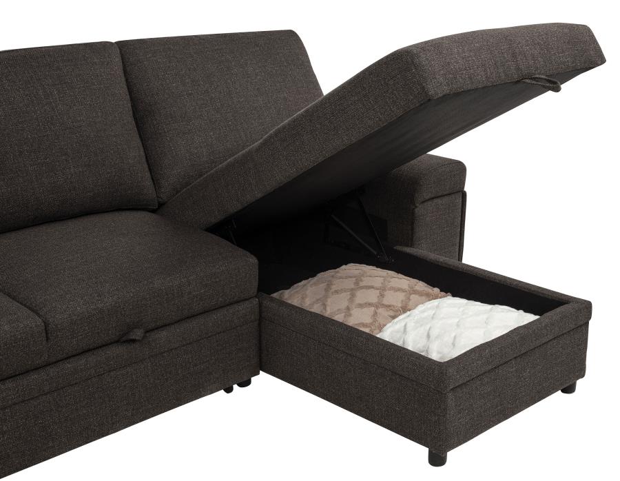 Demko Brown Linen-Like Fabric Sleeper Sectional Sofa with Storage Chaise, Bluetooth & USB Charging – 500356 — product view 4