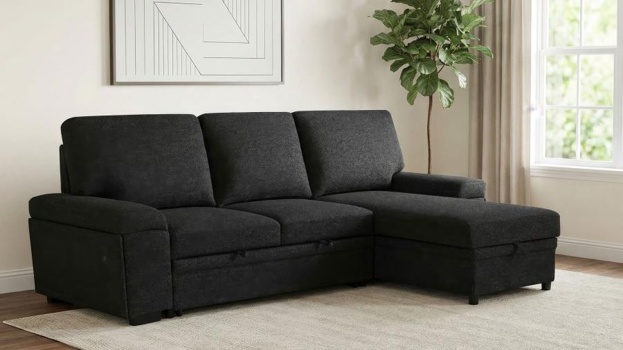 Demko Black Linen-Like Fabric Sleeper Sectional Sofa with Storage Chaise, Bluetooth & USB Charging – 500357 — product view 1