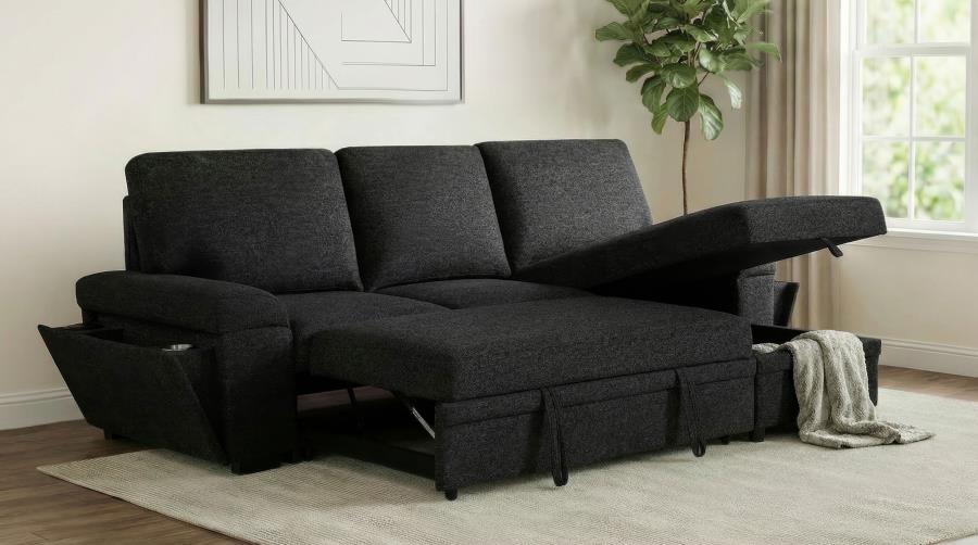 Demko Black Linen-Like Fabric Sleeper Sectional Sofa with Storage Chaise, Bluetooth & USB Charging – 500357 — product view 3