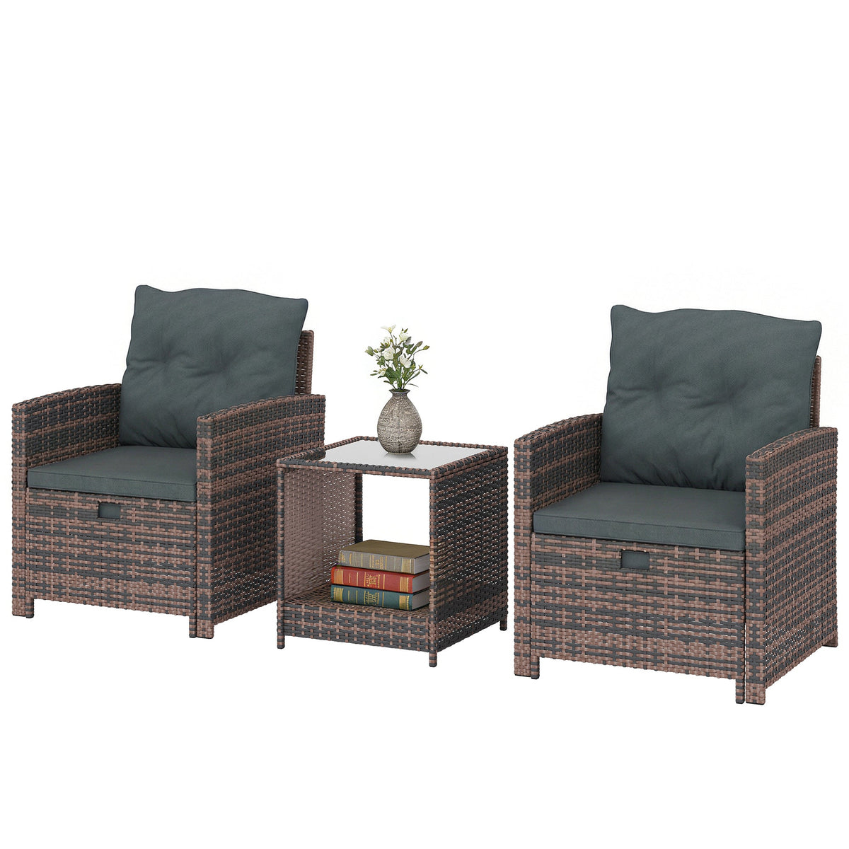 5-Piece Wicker Patio Set with Ottomans and 2-Tier Glass Table, Brown, Dark Grey — product view 2