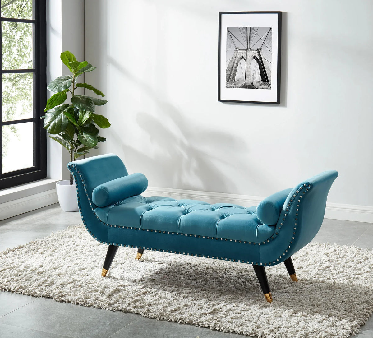 Sky Blue Velvet Tufted Bedroom Entry Bench with Nail Head Trim – 5312-BL — product view 1