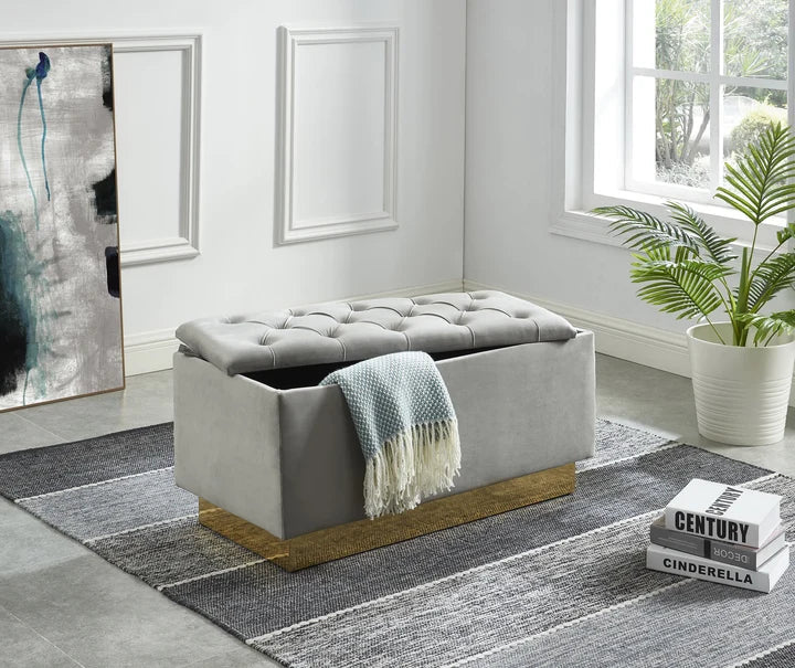 Grey Velvet Tufted Storage Ottoman Bedroom Entry Bench with Gold Trim – 5321-GY — product view 1