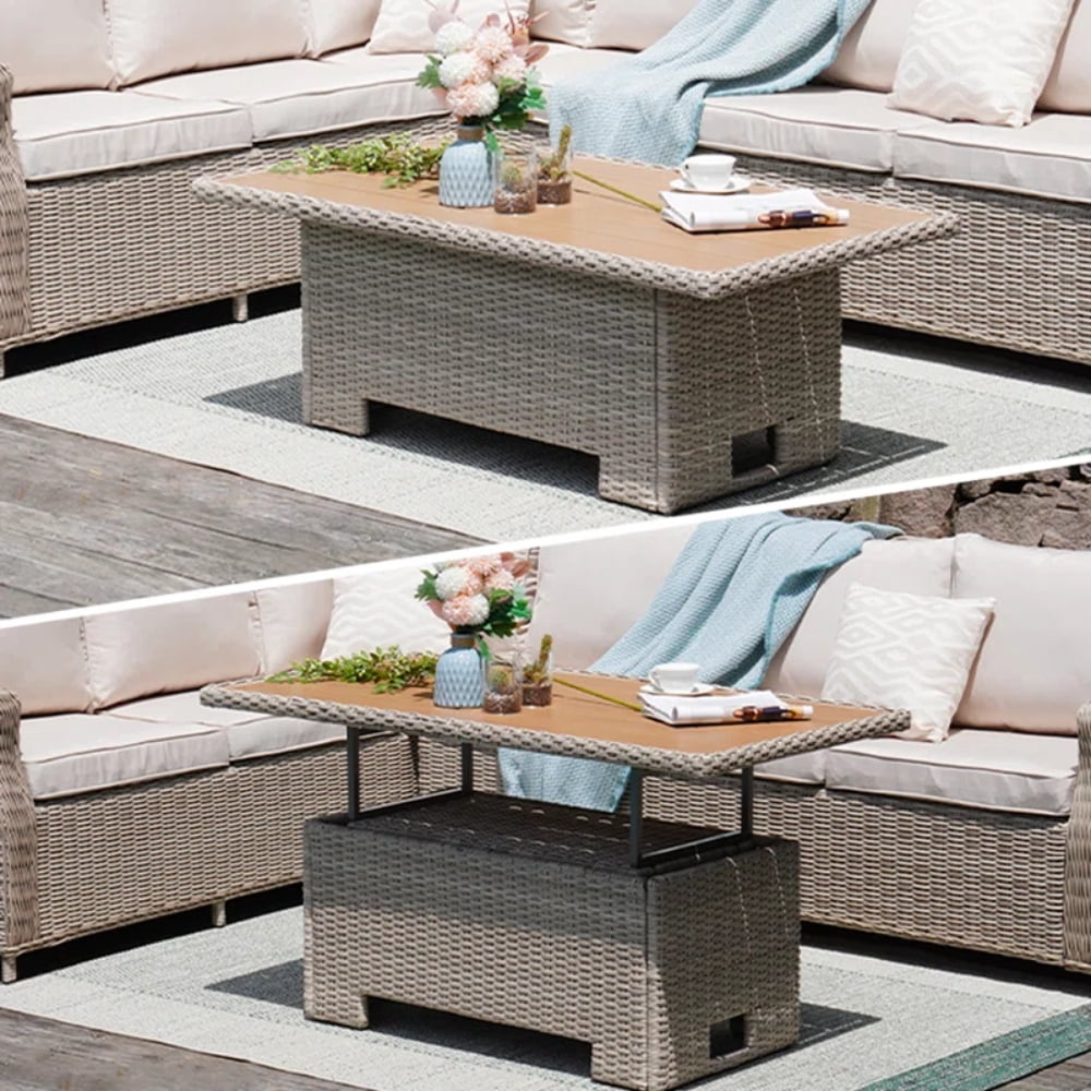 LOUNGE YARD Outdoor & Indoor Coffee Dining Table - All-Weather Resin Wicker Rattan, Adjustable Steel Slat Lift Top — product view 7