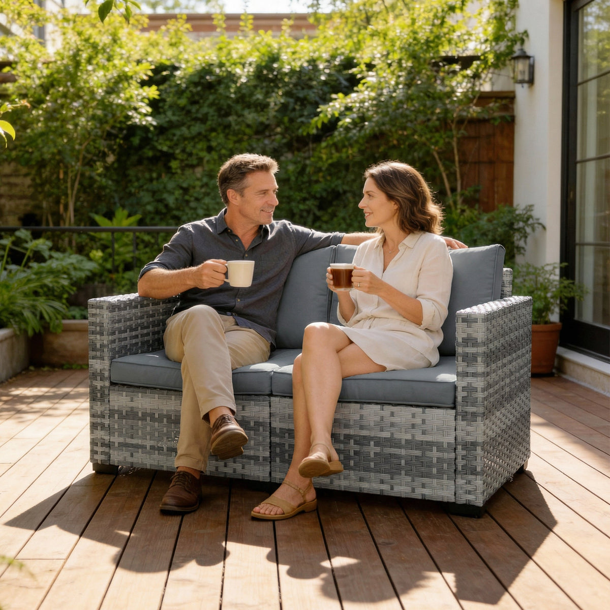 2 Seater Rattan Sofa with Deep Seat and Wide Armrests, Mixed Grey — product view 4