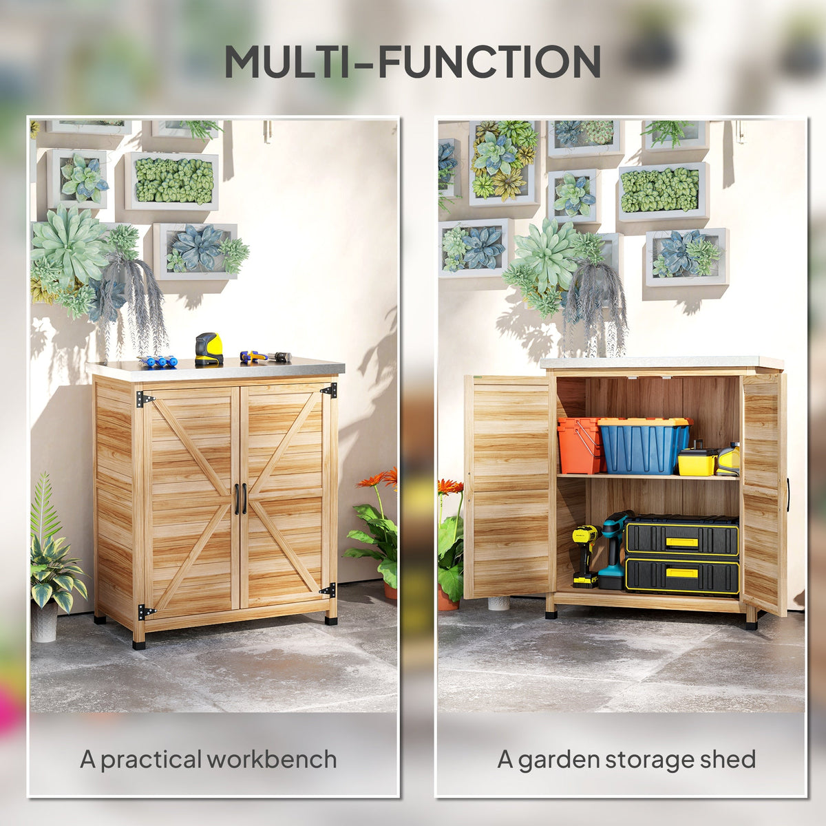 Garden Storage Cabinet with Metal Top, Shelf and Double Doors, Natural — product view 6