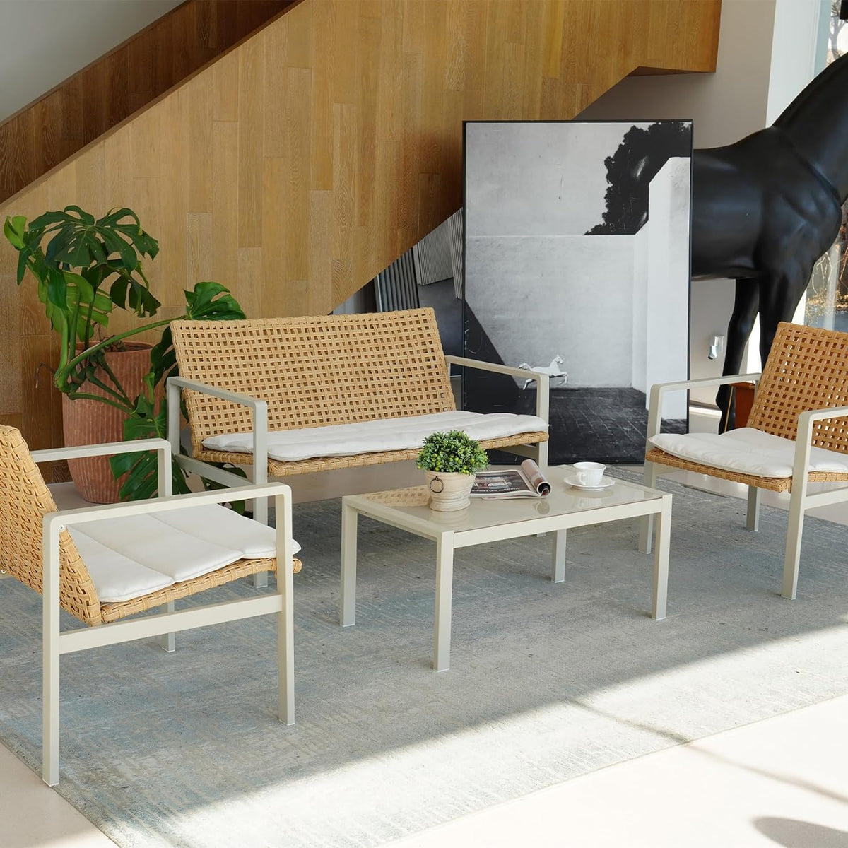 LOUNGE YARD 4-Seat Conversation Sofa Set, Spring Wicker Outdoor Patio Furniture with Coffee Table — product view 2