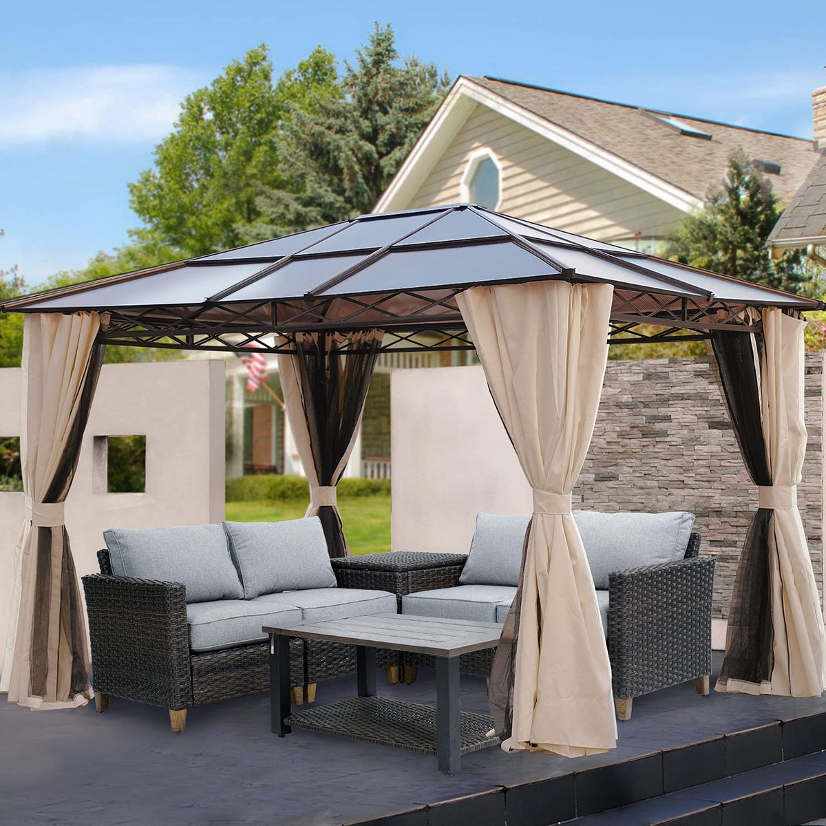 LOUNGE YARD 10x12 FT Hardtop Gazebo with Netting and Curtains - Metal Aluminum Frame — product view 5