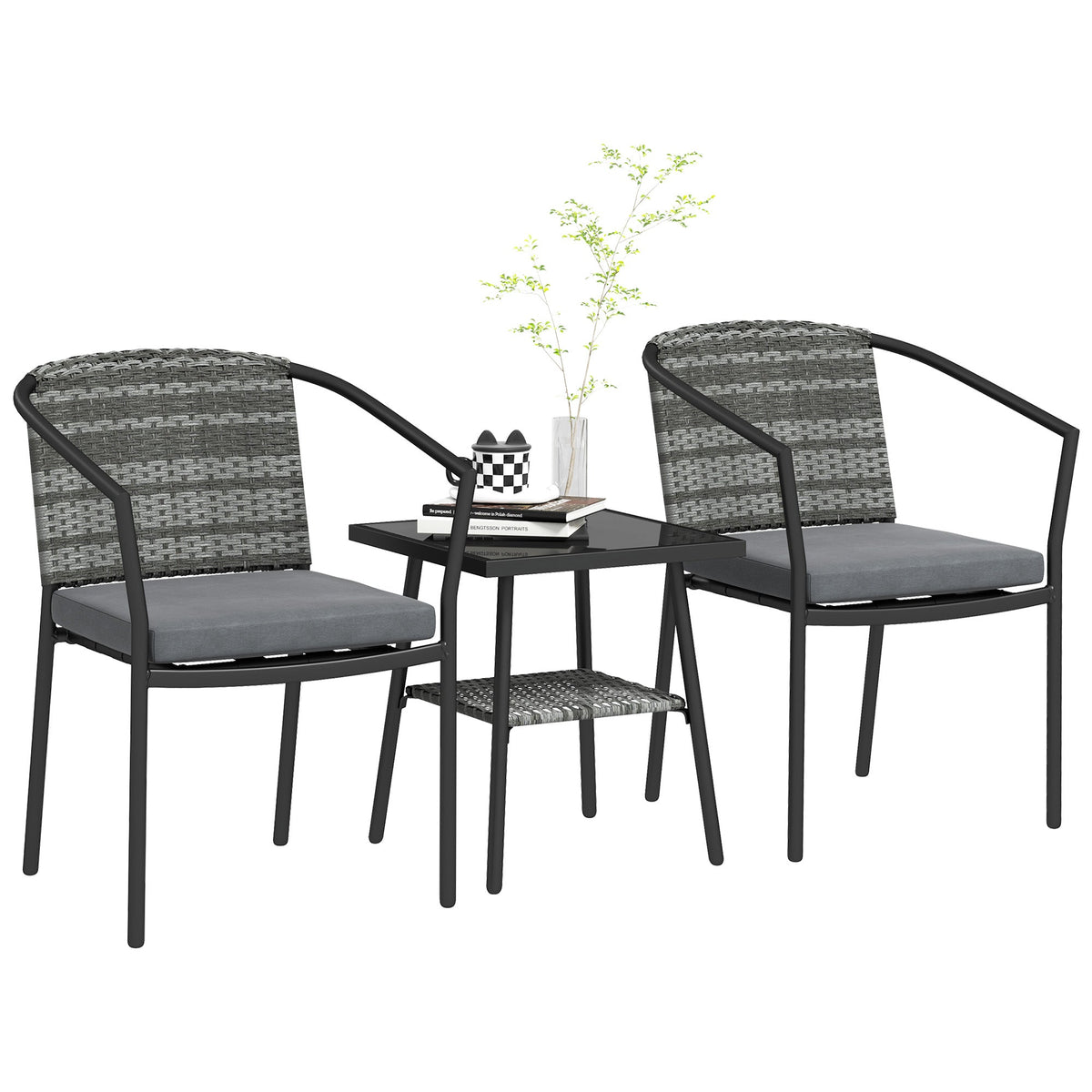 3pc Wicker Bistro Set with Cushions and 2-Tier Glass Table, Dark Grey — product view 1