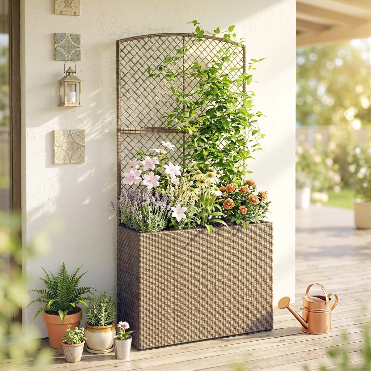 80 x 30 x 163 cm Rattan Raised Planter Box with Trellis and Liner, Light Grey — product view 3