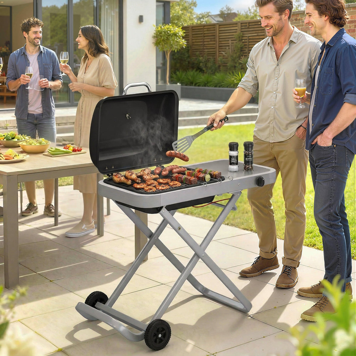 Foldable Gas BBQ Grill with Side Table & Trolley, Grease Box, 2.5 kW, Black — product view 4