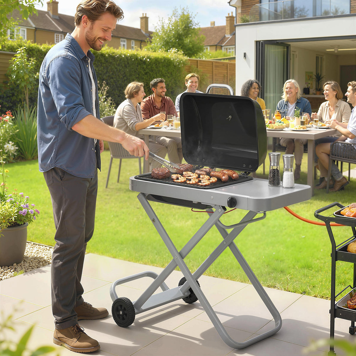 Foldable Gas BBQ Grill with Side Table & Trolley, Grease Box, 2.5 kW, Black — product view 3
