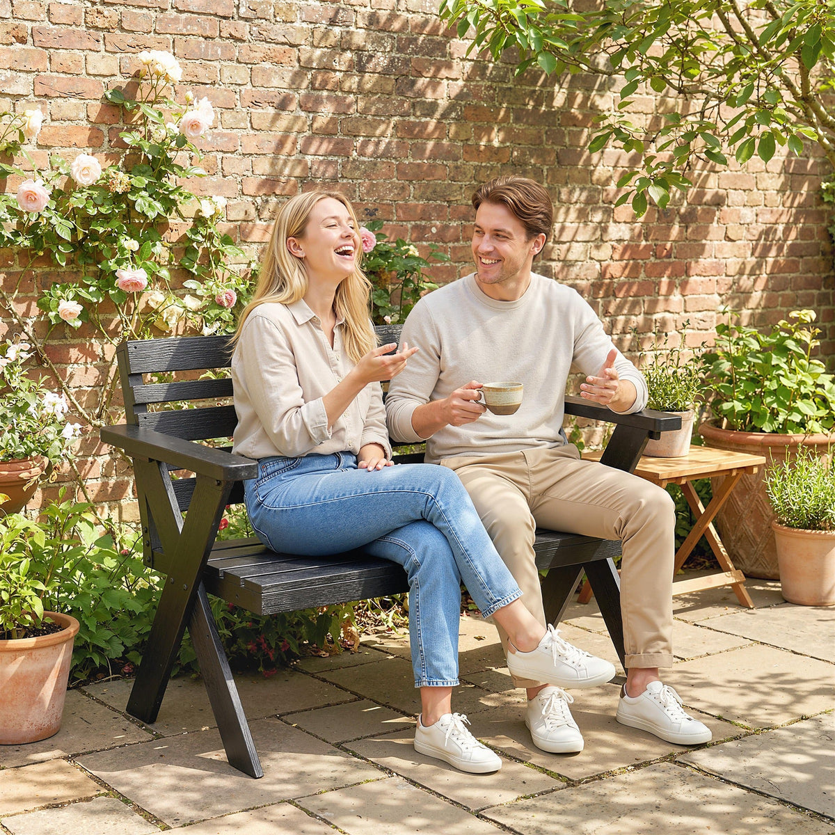 2 Seater Wooden Garden Bench with X-Frame Legs, Black — product view 3
