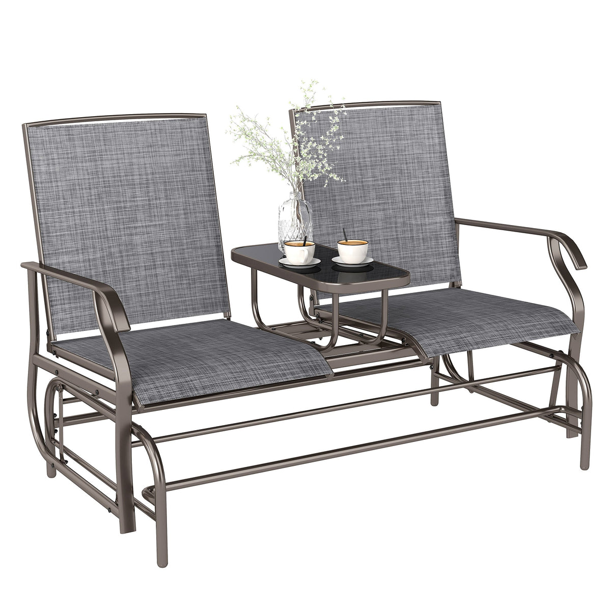 2 Seats Garden Glider Bench with Glass Top Centre Table, Brown/ Grey — product view 1