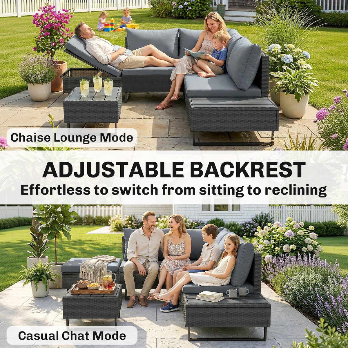 5-Seat L-Shaped Rattan Sofa Set with Adjustable Back, Cushions & Table Dark Grey — product view 6
