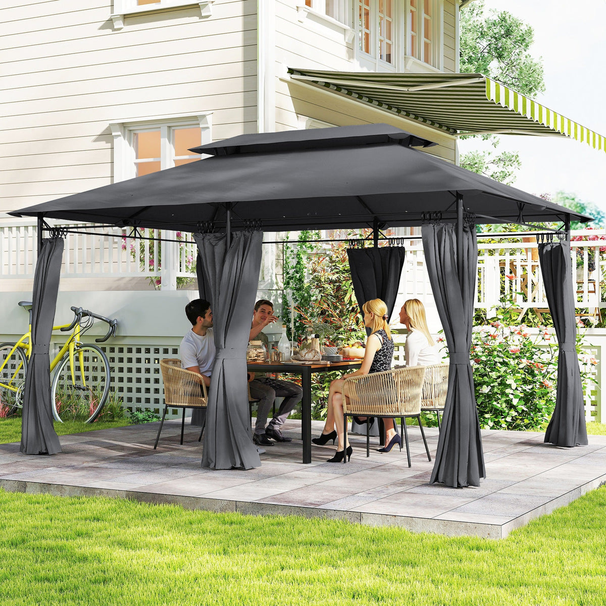10' x 13' Patio Gazebo with Double Roof and Curtains, Grey — product view 3