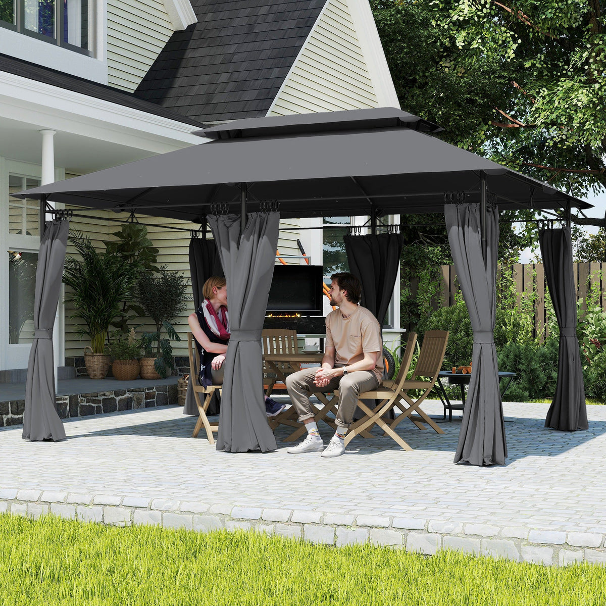 10' x 13' Patio Gazebo with Double Roof and Curtains, Grey — product view 4