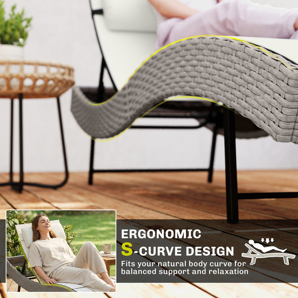 Rattan Sun Lounger with S-Shaped Seat and 5-Position Backrest, Cream White — product view 6