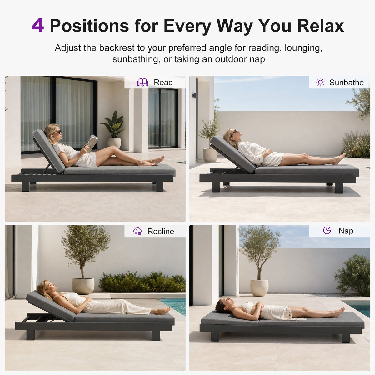PURPLE LEAF Outdoor Standard Daybed for Patio, Poolside Chaise Lounge Bed with Cushion, Olefin Blend Fabric, Aluminum Frame Sunbed for Deck and Backyard — product view 7