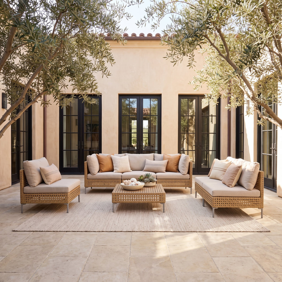 LOUNGE YARD 6-Seat Conversation Sofa Set, Wicker Outdoor Sectional with Thick Beige Cushions — product view 1