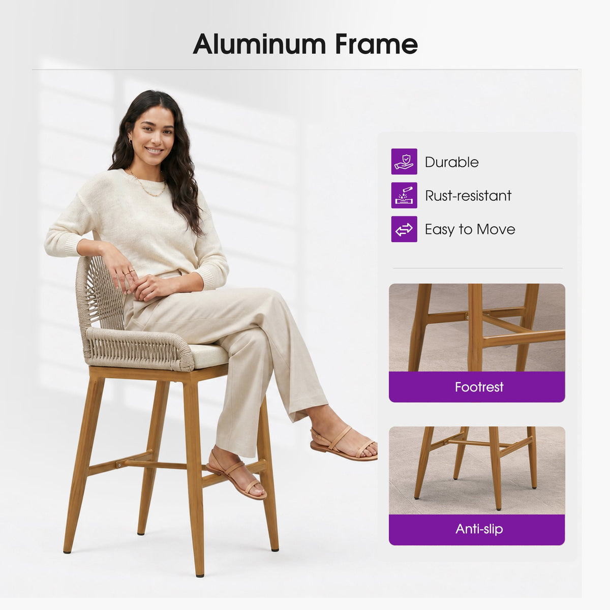 PURPLE LEAF Patio Bar Stools Counter Stools Outdoor Rattan Chairs with Back Modern Aluminum Woven Barstools for Garden Patio Kitchen Indoor — product view 6