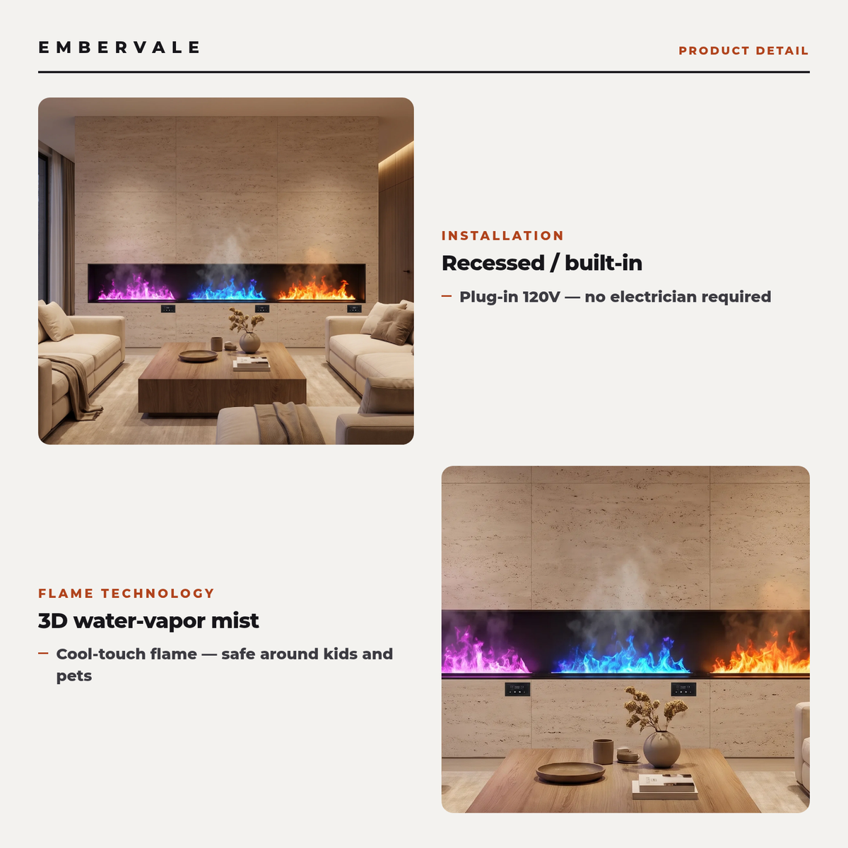 Recessed Water Vapor Electric Fireplace with Remote Control & Timer, 3D Atomized Steam Flame Fireplace — product view 3