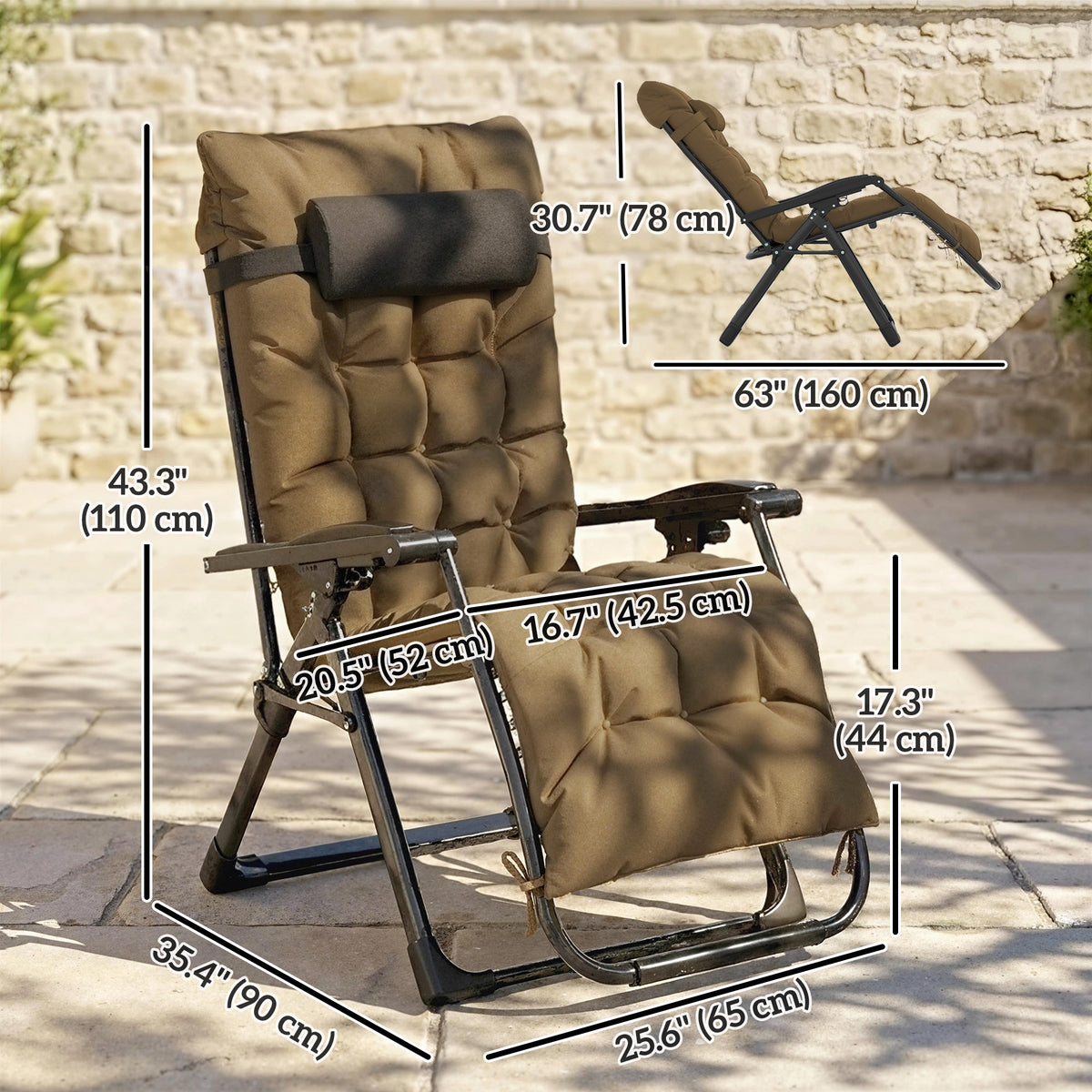 Set of 2 Reclining Zero Gravity Chairs with Cushion, Khaki — product view 5