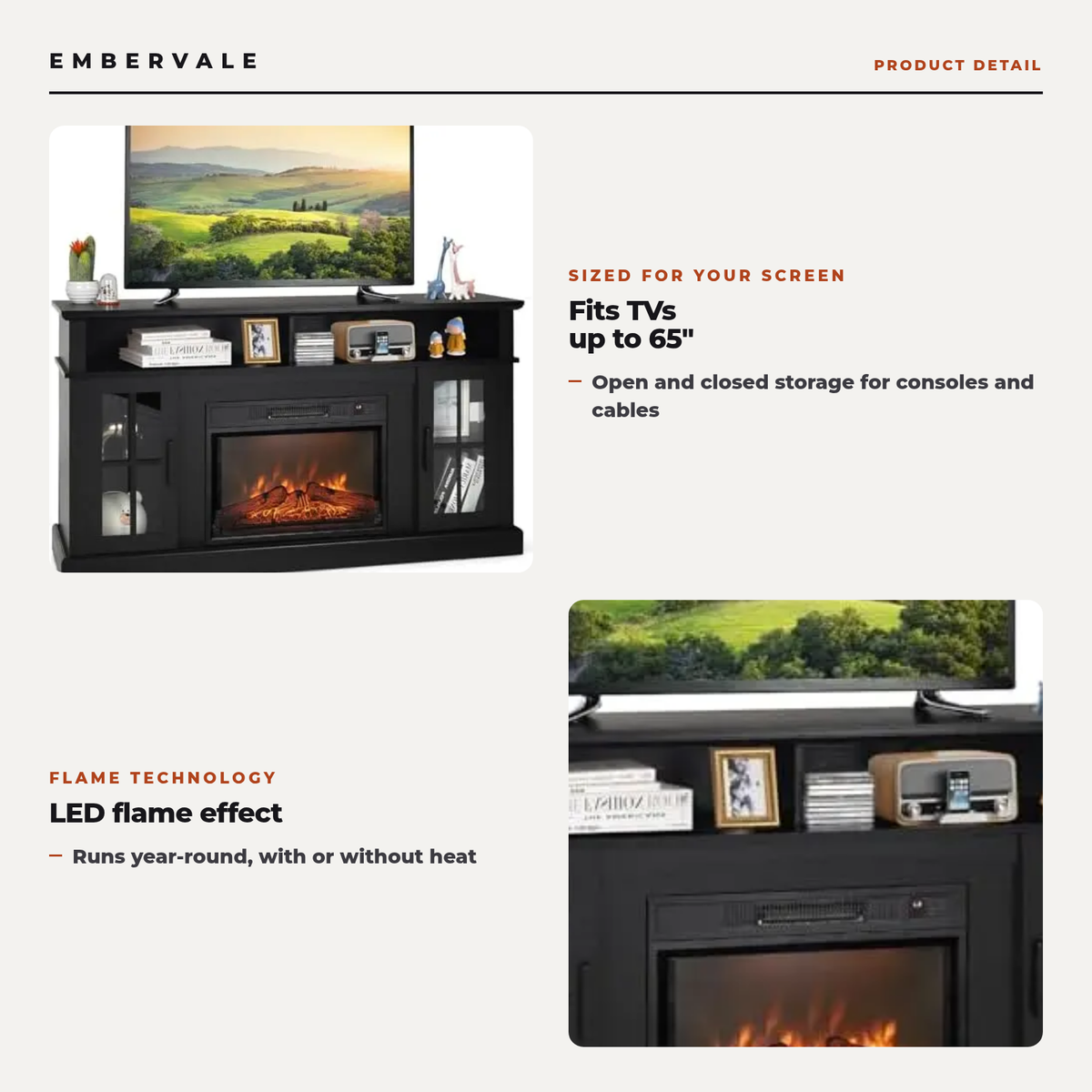 Electric Fireplace TV Stand for TVs up to 65 Inch, Modern Media Console Entertainment Center, Remote Control for Living Rooms — product view 2