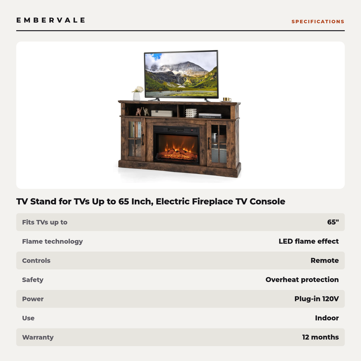 TV Stand for TVs Up to 65 Inch, Electric Fireplace TV Console w/Remote Control, Overheat Protection — product view 3