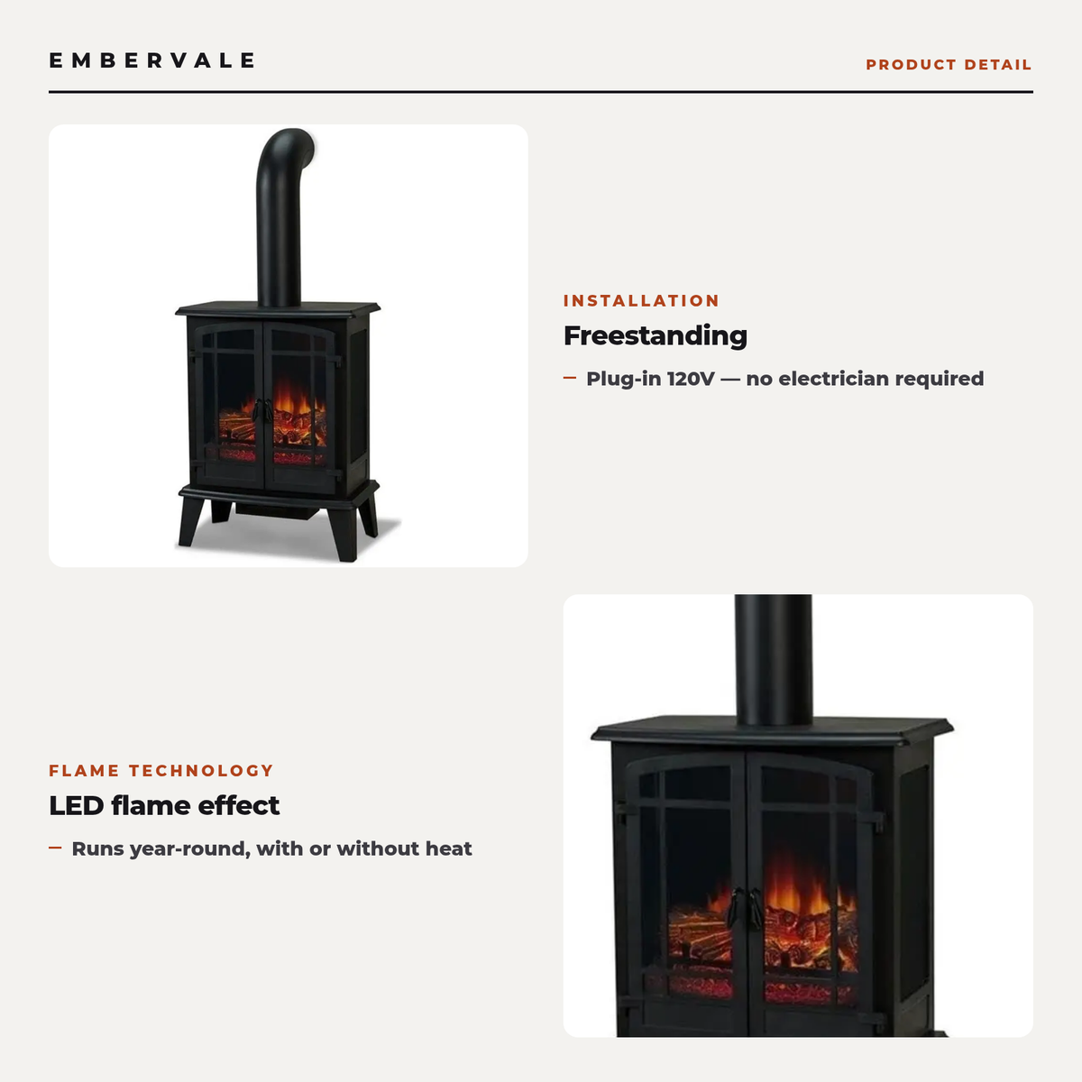 Stove Electric Fireplace for Living Room or Bedroom, Realistic Log and Flame Effect, Freestanding Fireplace with Adju — product view 2