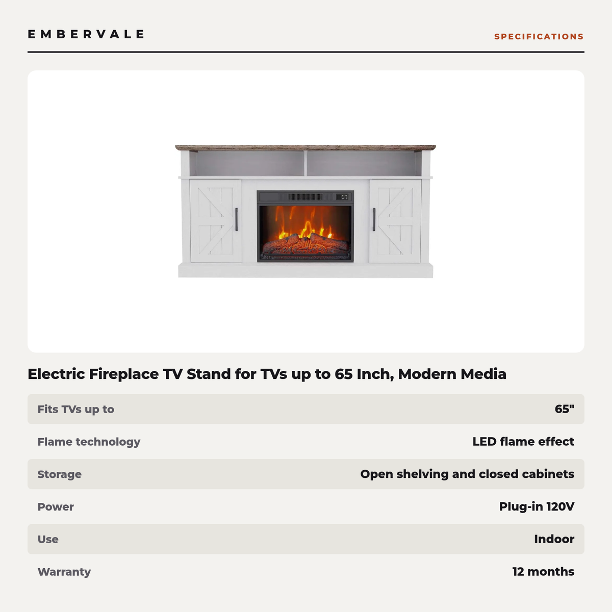 Electric Fireplace TV Stand for TVs up to 65 Inch, Modern Media Console Entertainment Center, Storage Cabinets for Living Rooms — product view 3