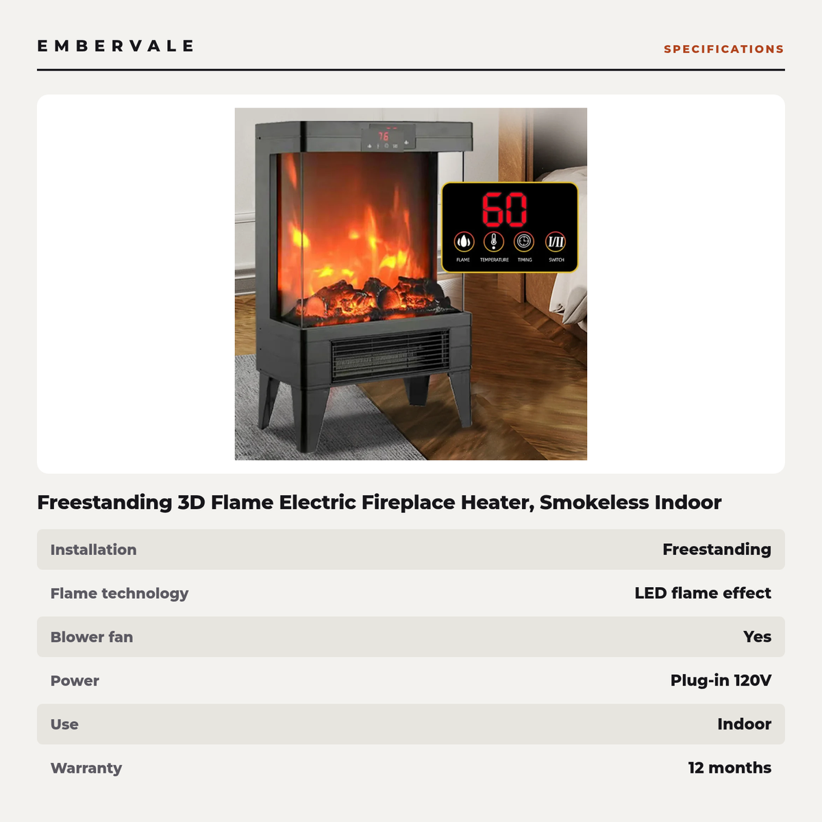 Freestanding 3D Flame Electric Fireplace Heater, Smokeless Indoor Fireplace Stove with Fast Heating Fan — product view 3
