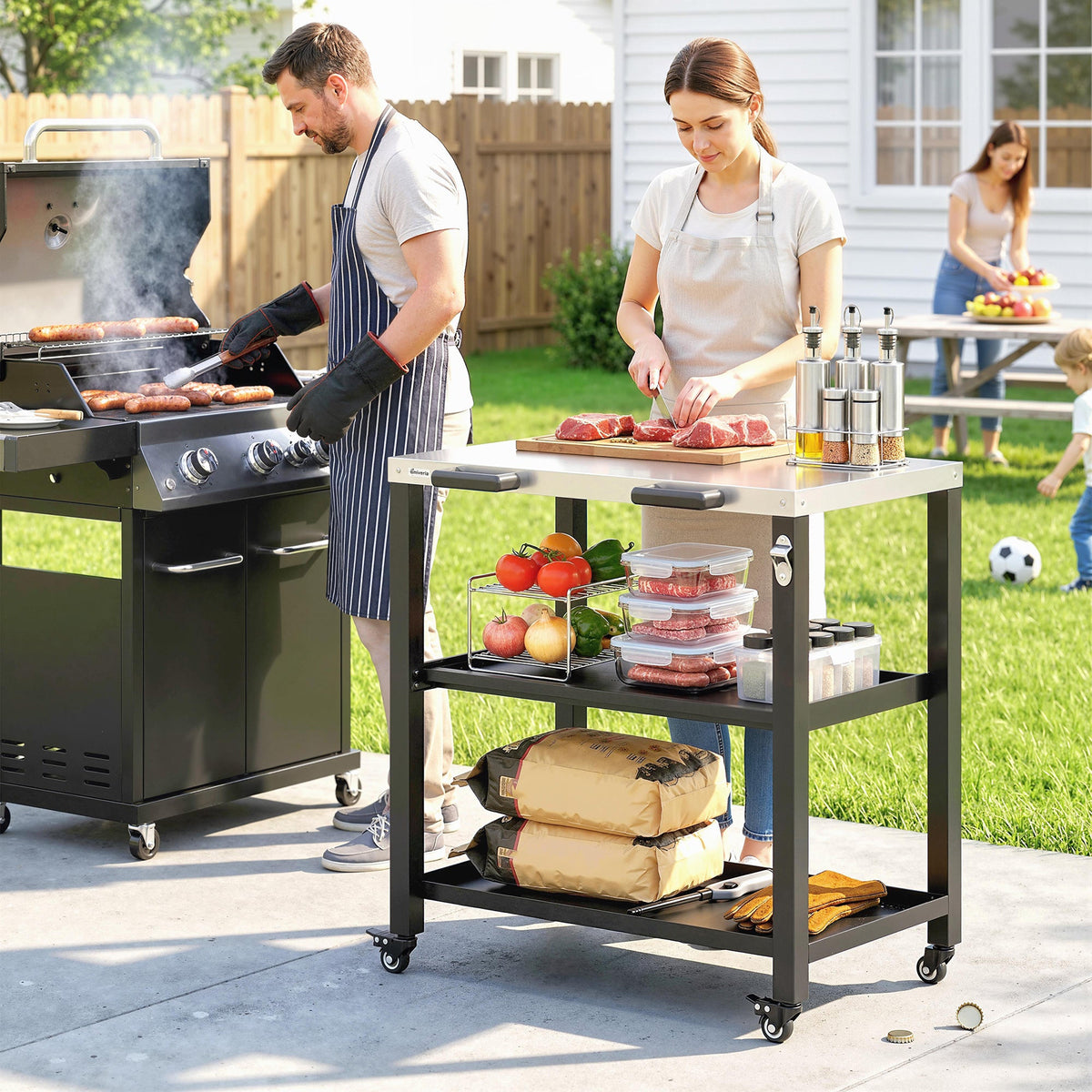 Outdoor Grill Cart with Stainless Steel Top, 2 Shelves and Lockable Wheels, Black — product view 3