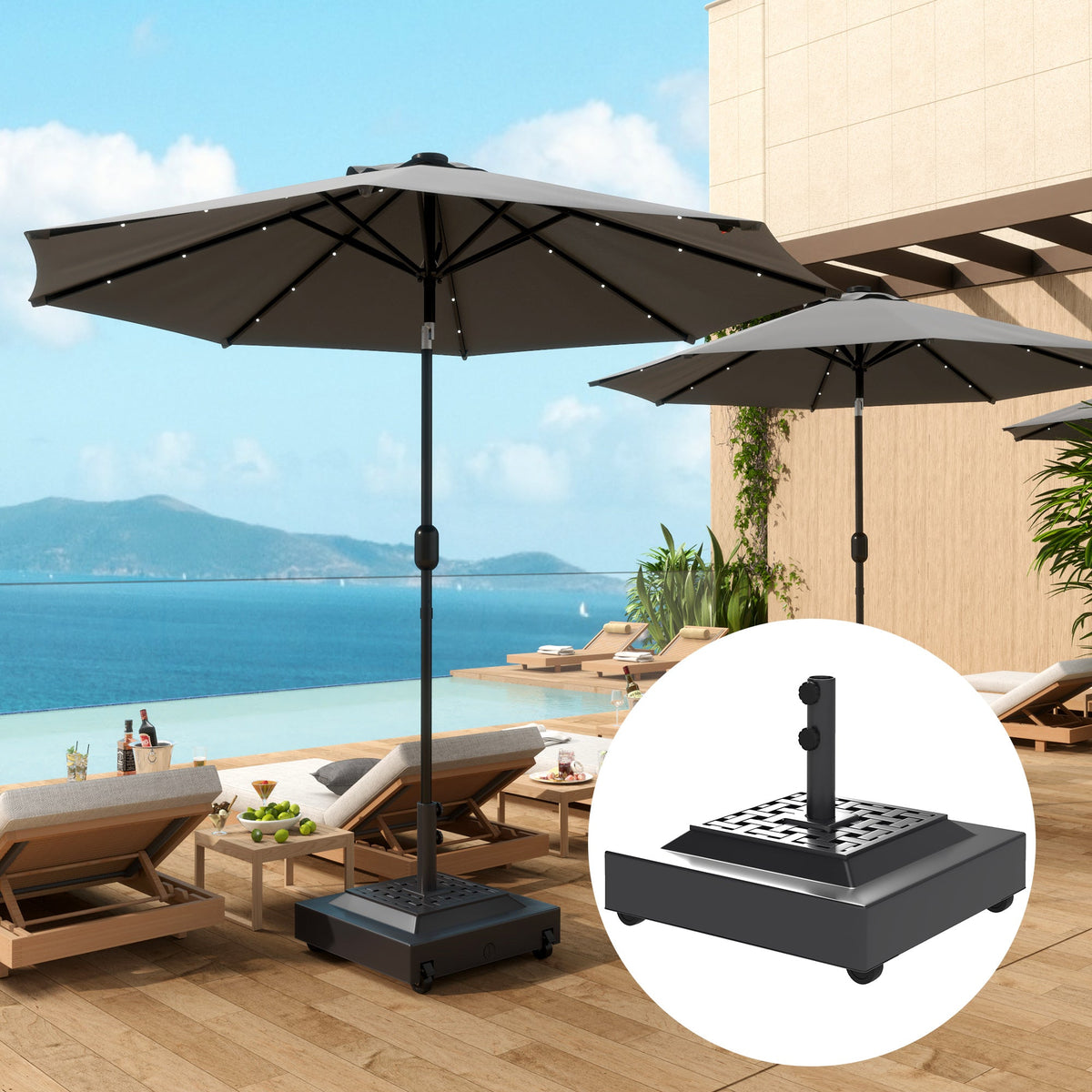Outdoor Umbrella Base with Wheels, Up to 143lbs Sand or 112lbs Water, Black — product view 3