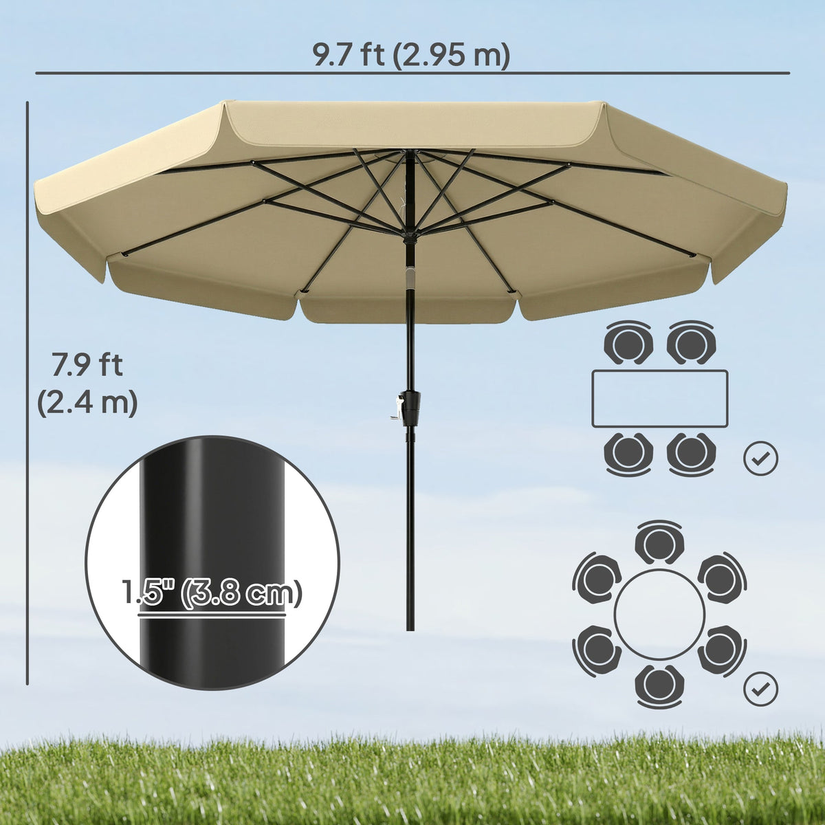 10ft Patio Umbrella with Push Button Tilt and Crank, Khaki — product view 5