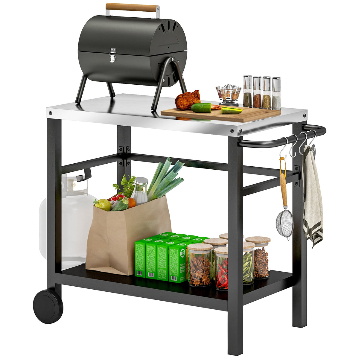 Outdoor Grill Cart with Stainless Steel Top, 2 Shelves and Wheels, Charcoal Grey — product view 1