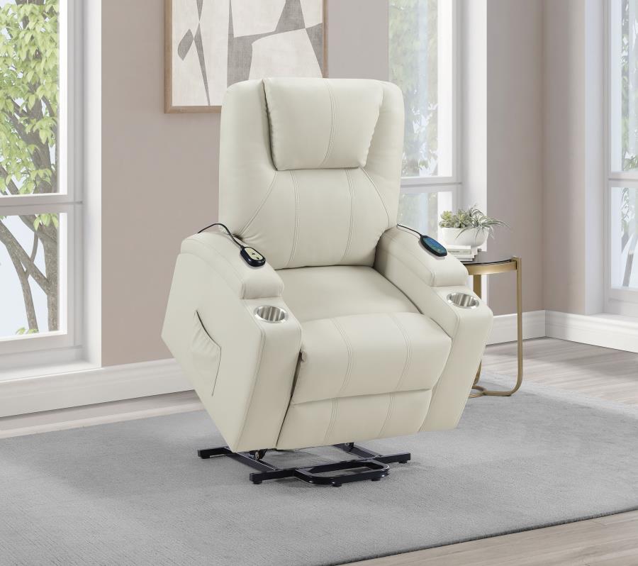 Coaster Armstrong Ivory Leatherette Power Lift Recliner Chair with Heat and Massage – 609477P — product view 1
