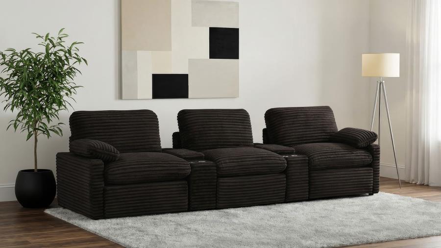 Coaster Collins Chocolate Brown Corduroy Fabric 5-Piece Power Home Theater Seating with Console Centers – 610351PT — product view 1