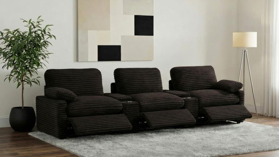 Coaster Collins Chocolate Brown Corduroy Fabric 5-Piece Power Home Theater Seating with Console Centers – 610351PT — product view 2