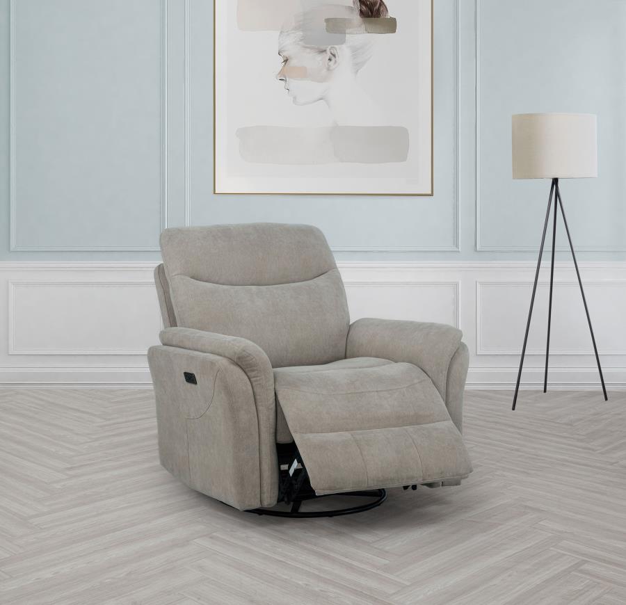 Coaster Adler Greige Fabric Power Swivel Glider Recliner Chair – 610423P — product view 1