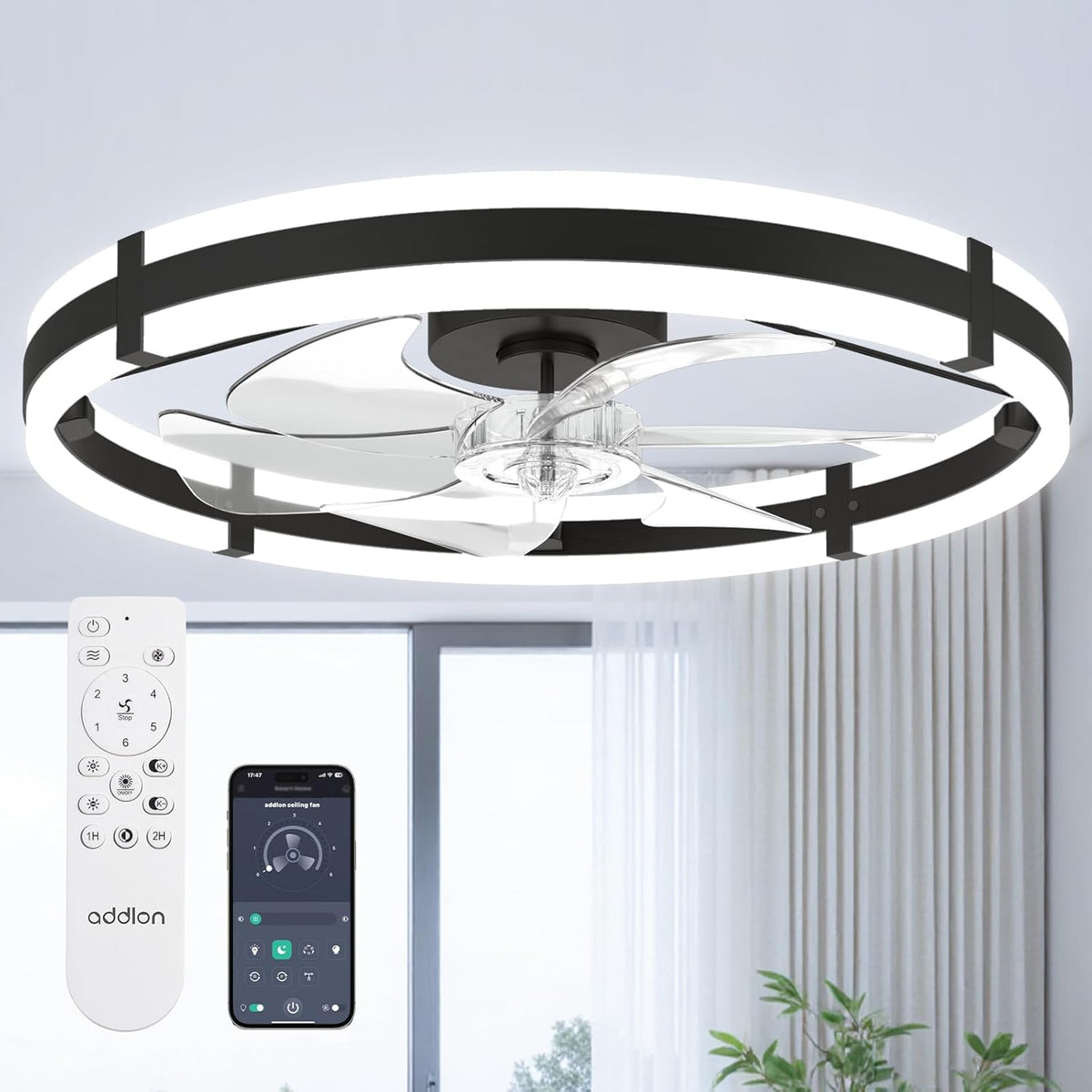 Small Flush Mount Ceiling Fan with LED Light 3000-6000K Dimmable Remote Fandelier Bedroom Kitchen — 20 to 24 Inch — product view 1