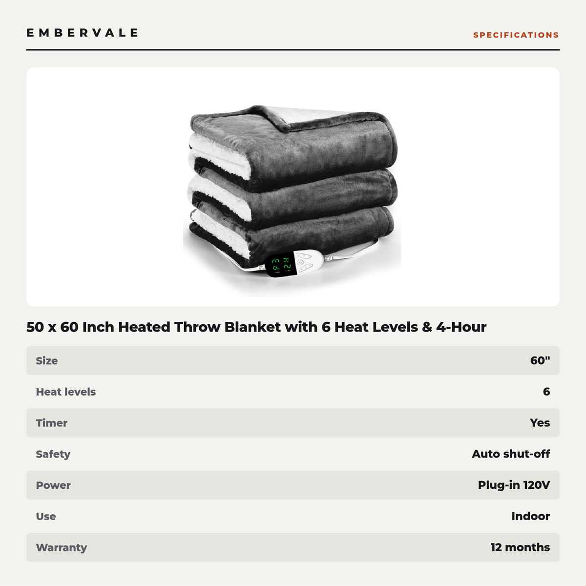 50 x 60 Inch Heated Throw Blanket with 6 Heat Levels & 4-Hour Auto-Off, Cozy Electric Lap Blanket for Couch & Reading Chair — product view 3