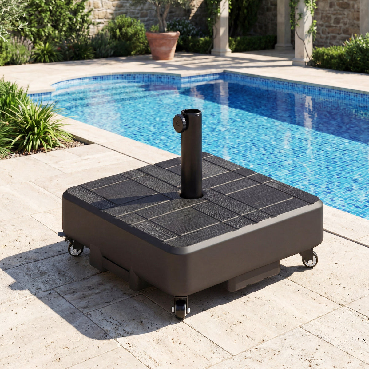 Patio Umbrella Base with Wheels, 62 lbs Water/77 lbs Sand, Black — product view 4