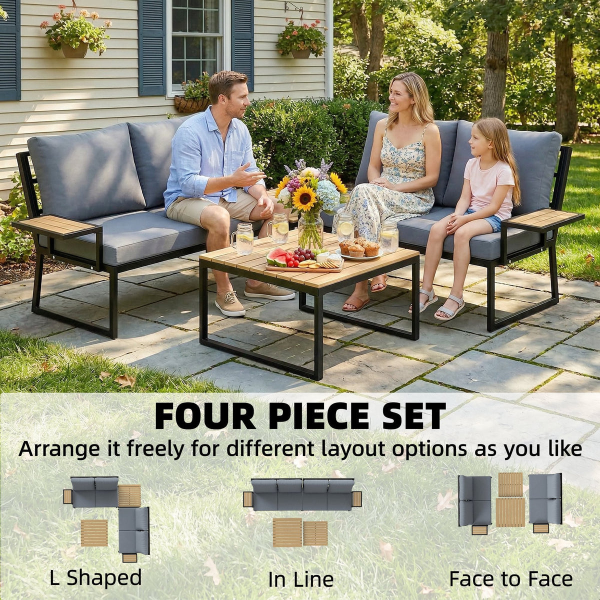 4 Seater Rattan Corner Sofa Set with 2 Nesting Tables, Teak — product view 6