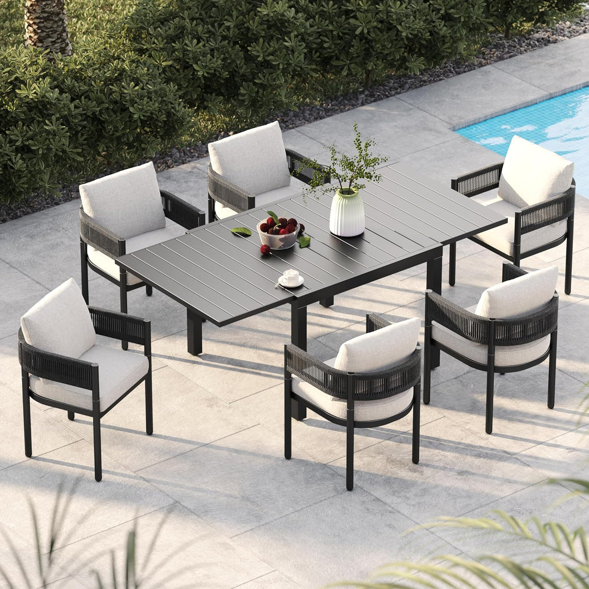 LOUNGE YARD Outdoor Dining Chair Set, Metal Woven Wicker Fixed Patio Chairs with Grey Cushions — product view 5