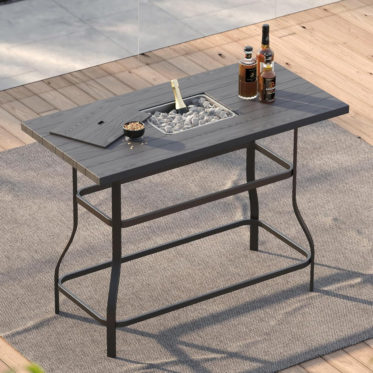 LOUNGE YARD Outdoor Bar Table, Faux Wood Grain Dining Table with Ice Bucket — product view 1