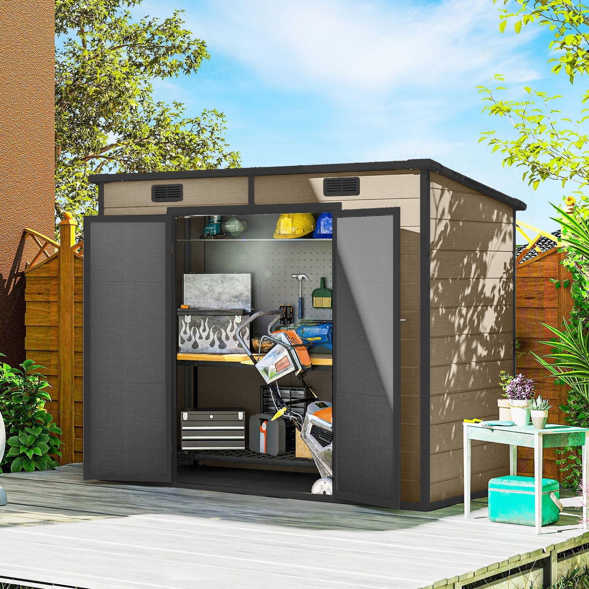 EverBase 8' x 4' Outdoor Storage Shed with Window, Lockable Doors and Vents, Light Brown — product view 3