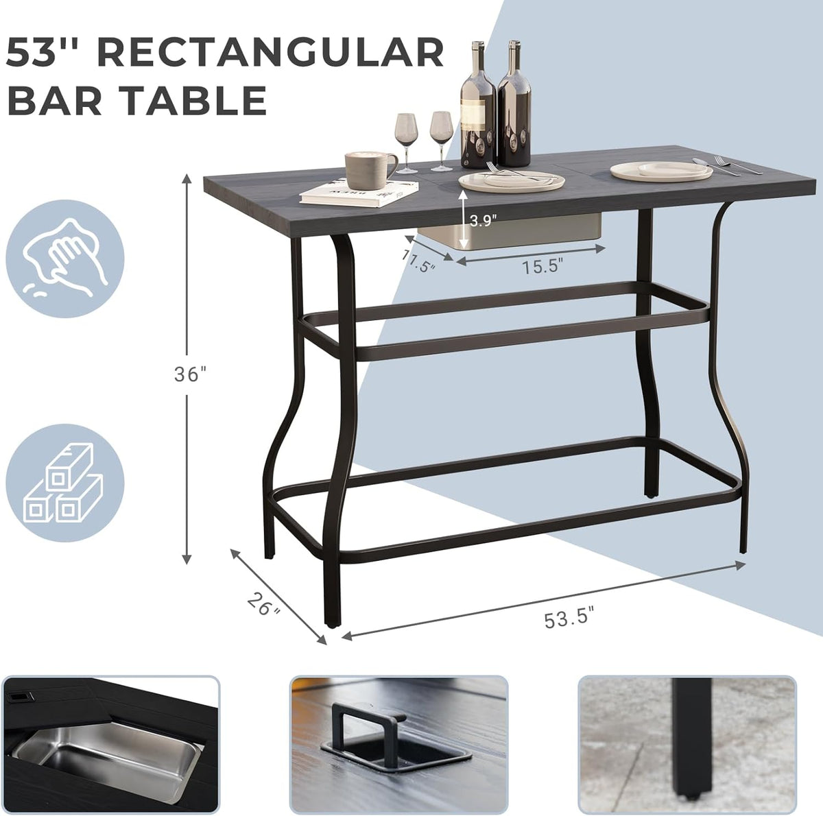 LOUNGE YARD Outdoor Bar Table, Faux Wood Grain Dining Table with Ice Bucket — product view 4