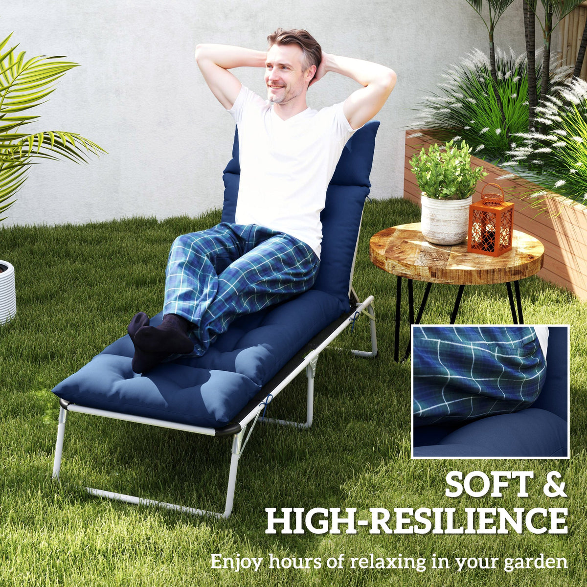 Tufted 74.8" x 22" x 4" Outdoor Chaise Lounge Cushion with Ties, Navy Blue — product view 7